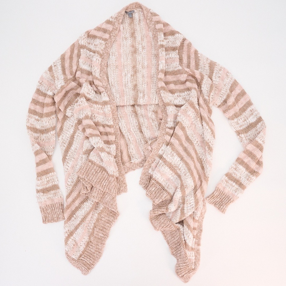 Charlotte Russe Blush Pink & Taupe Cardigan Striped Open Knit Waterfall Hem